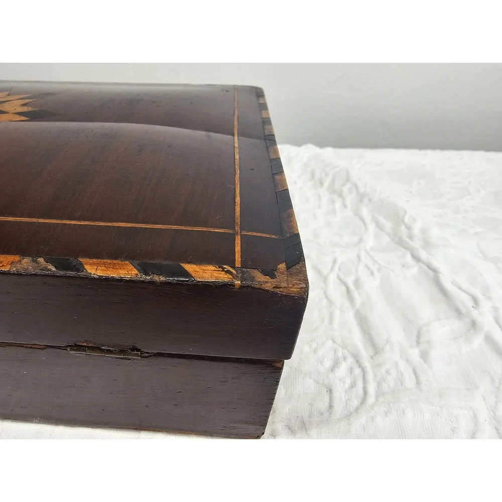 Antique Wooden Keepsake Box‎ Star Inlay Jewelry Trinket Storage Chest 1900s